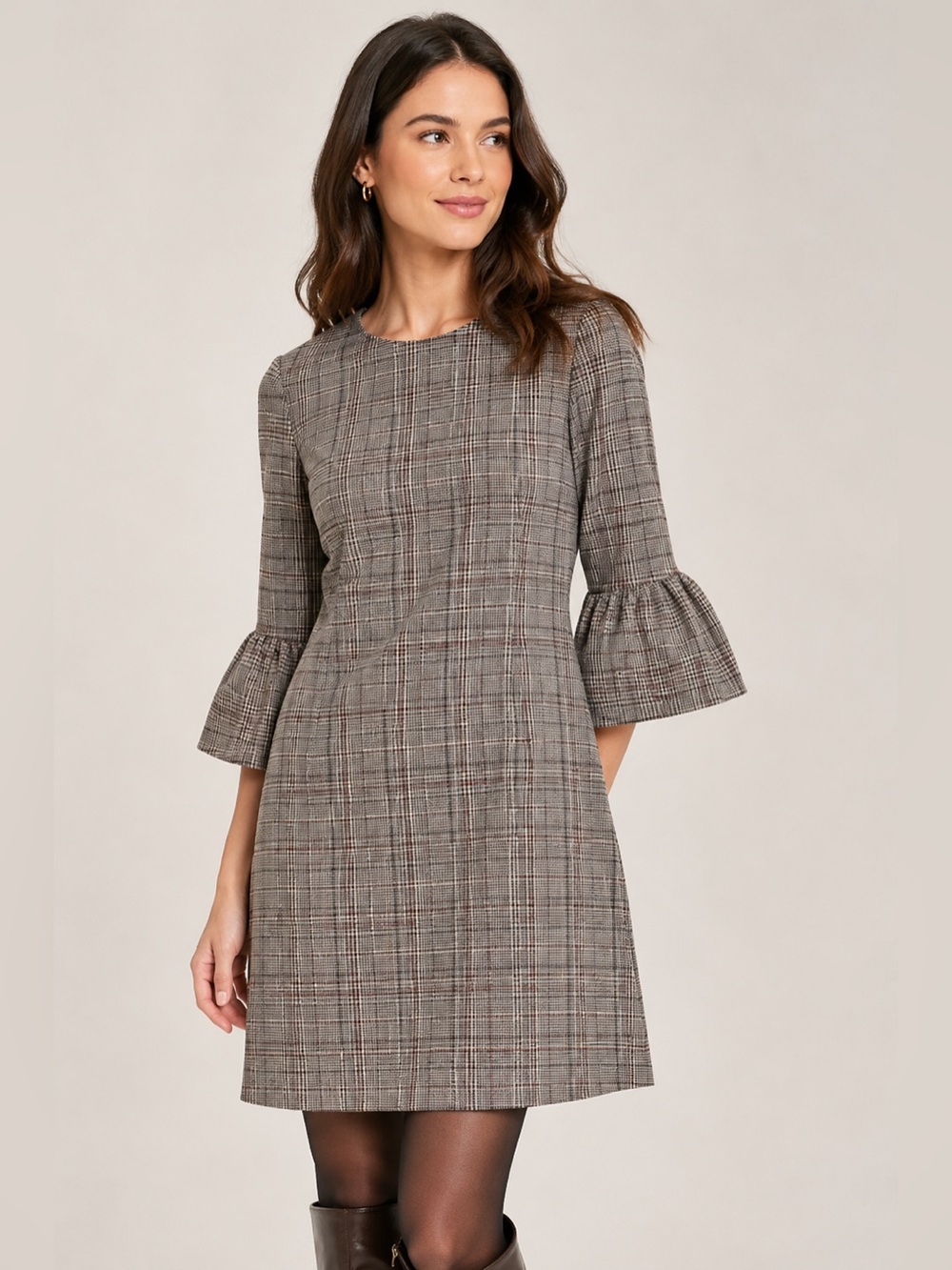 Zara Plaid Bell Sleeve Shift Dress XS Gray Check